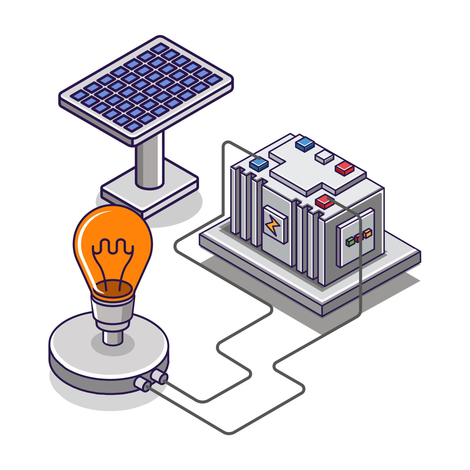 Flat isometric concept illustration. solar panel energy storage channel to the lamp