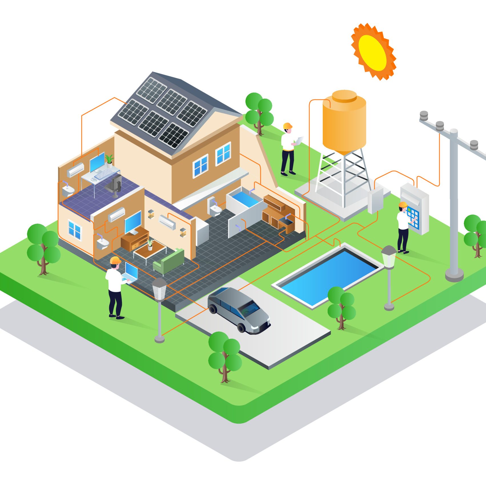 Technician installing solar panel and electricity system